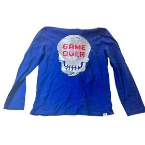 GAP Kid Blue Long Sleeve Hoodie Shirt Sequin Skull Game Over M Changes 2 Designs